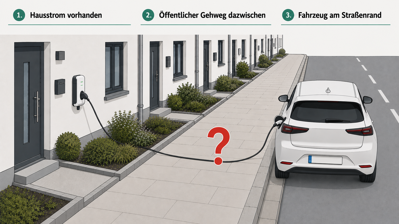 Ausgangsfrage: Wallbox am Haus, Kabel über öffentlichen Gehweg, Fahrzeug am Straßenrand Schema: Reihenhaus mit Wallbox links, öffentlicher Gehweg in der Mitte mit Fragezeichen, Elektroauto am Straßenrand rechts, dazwischen ein Ladekabel