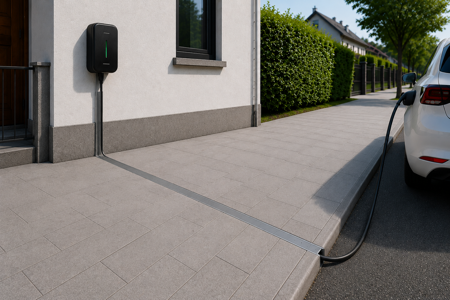 Bündig in den Gehweg eingelassene Kabelrinne führt das Ladekabel unter der Oberfläche zum Fahrzeug.