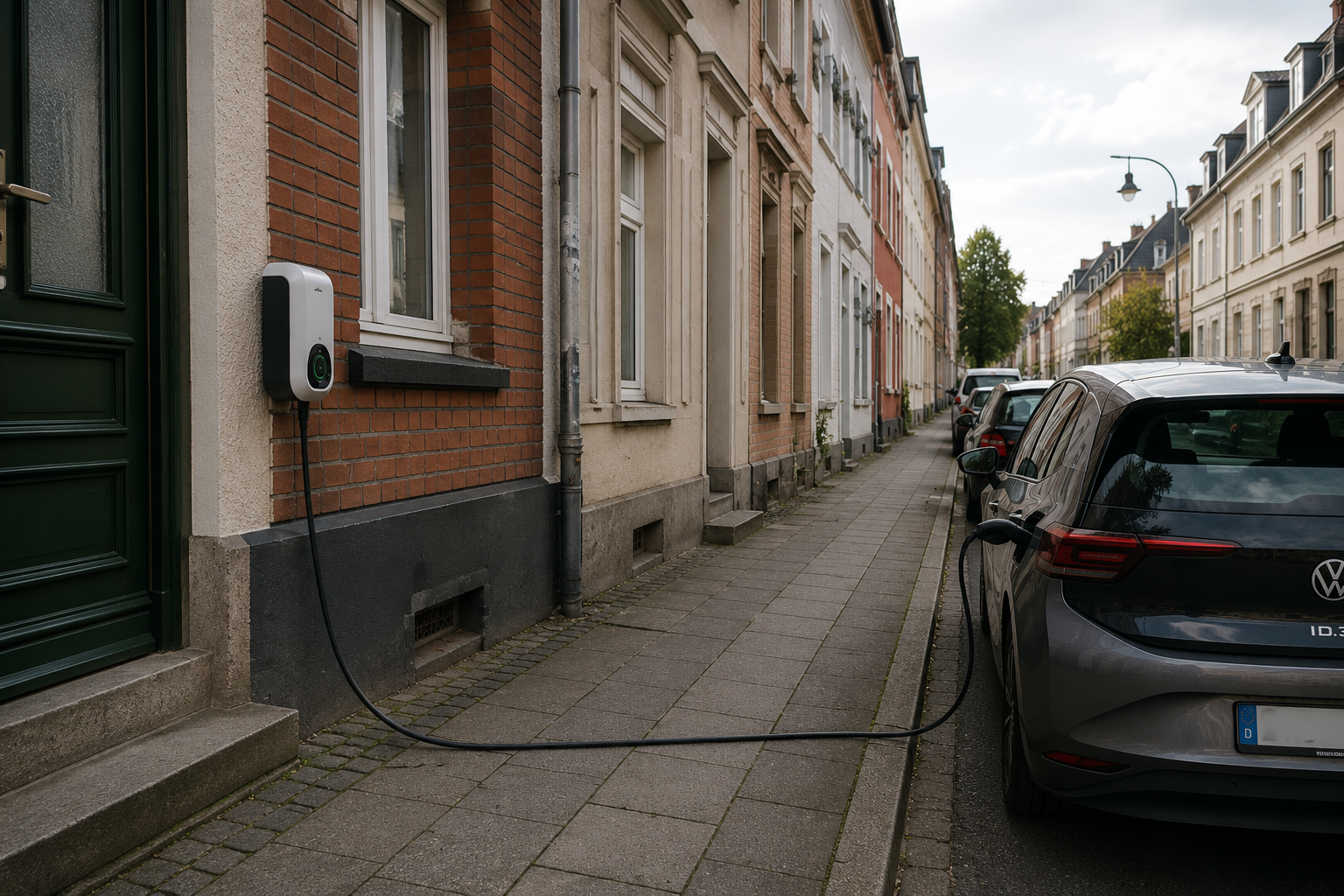 Elektroauto am Straßenrand vor einem Wohnhaus mit Wallbox; dazwischen der öffentliche Gehweg.
