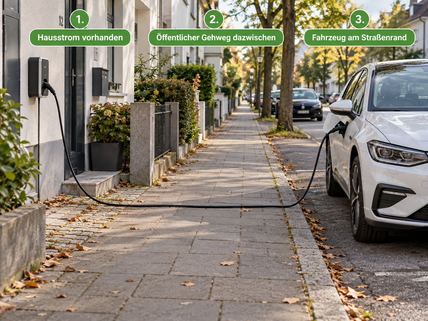 Wallbox am Haus mit Ladekabel über einem öffentlichen Gehweg zu einem Elektroauto am Straßenrand